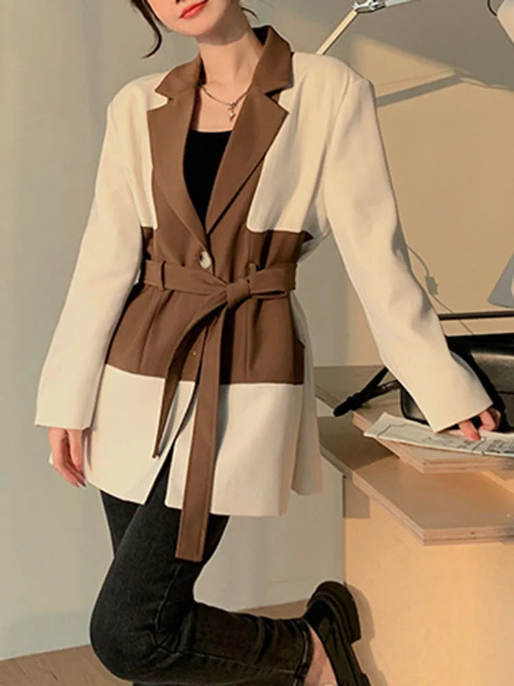 Color Block Laple Blazer Coat Women Full Sleeve Single Breasted Belt Casual New Versatile  Female Loose