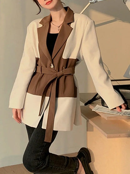 Color Block Laple Blazer Coat Women Full Sleeve Single Breasted Belt Casual New Versatile  Female Loose