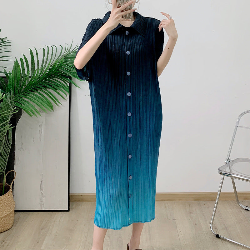 Gradient printed pleated lapel dress new stylish slim fit straight tube pleated long skirt for women