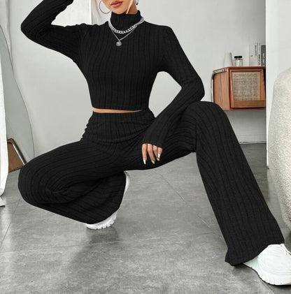 Long Sleeve Turtlenecks Wide Leg High Waist Trousers Suit