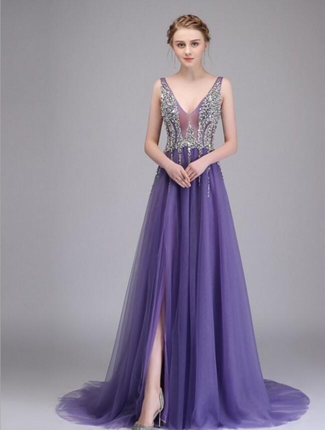 Sexy Side Split Prom Dresses  Deep V-Neck Backless Beads Crystal Party Gowns Sleeveless Sweep Train Cheap Tulle Party Dress