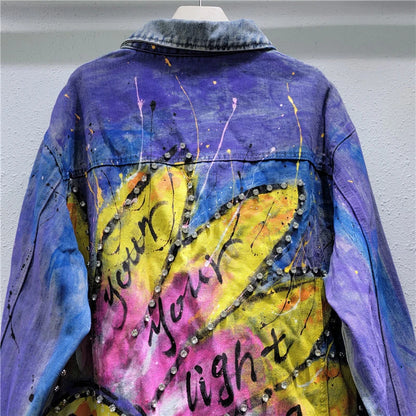 Hand drawn graffiti denim jacket women's colorful diamond studded pearl jacket