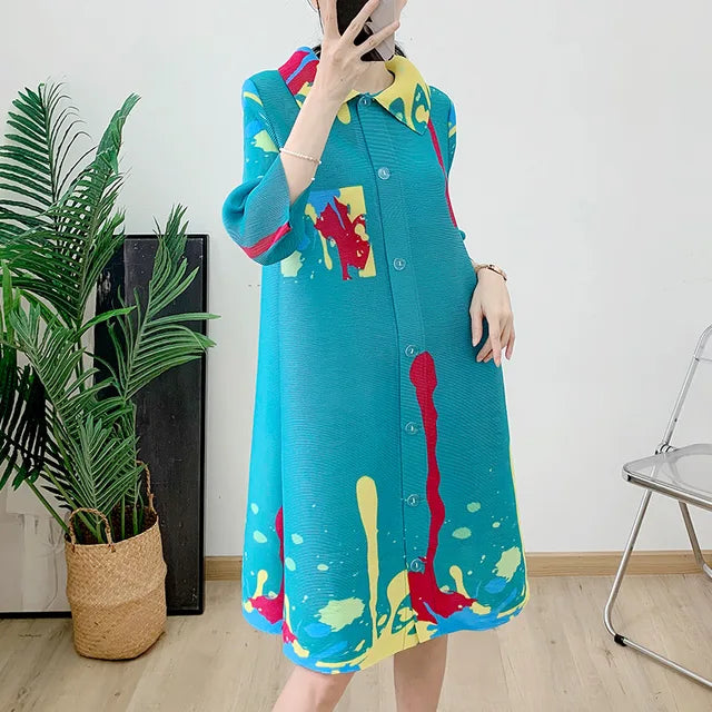 Casual Print Pleated Dress Women Lapel Contrast Color Single Breasted Mid Length Dresses  Summer New Clothing