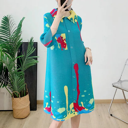 Casual Print Pleated Dress Women Lapel Contrast Color Single Breasted Mid Length Dresses  Summer New Clothing