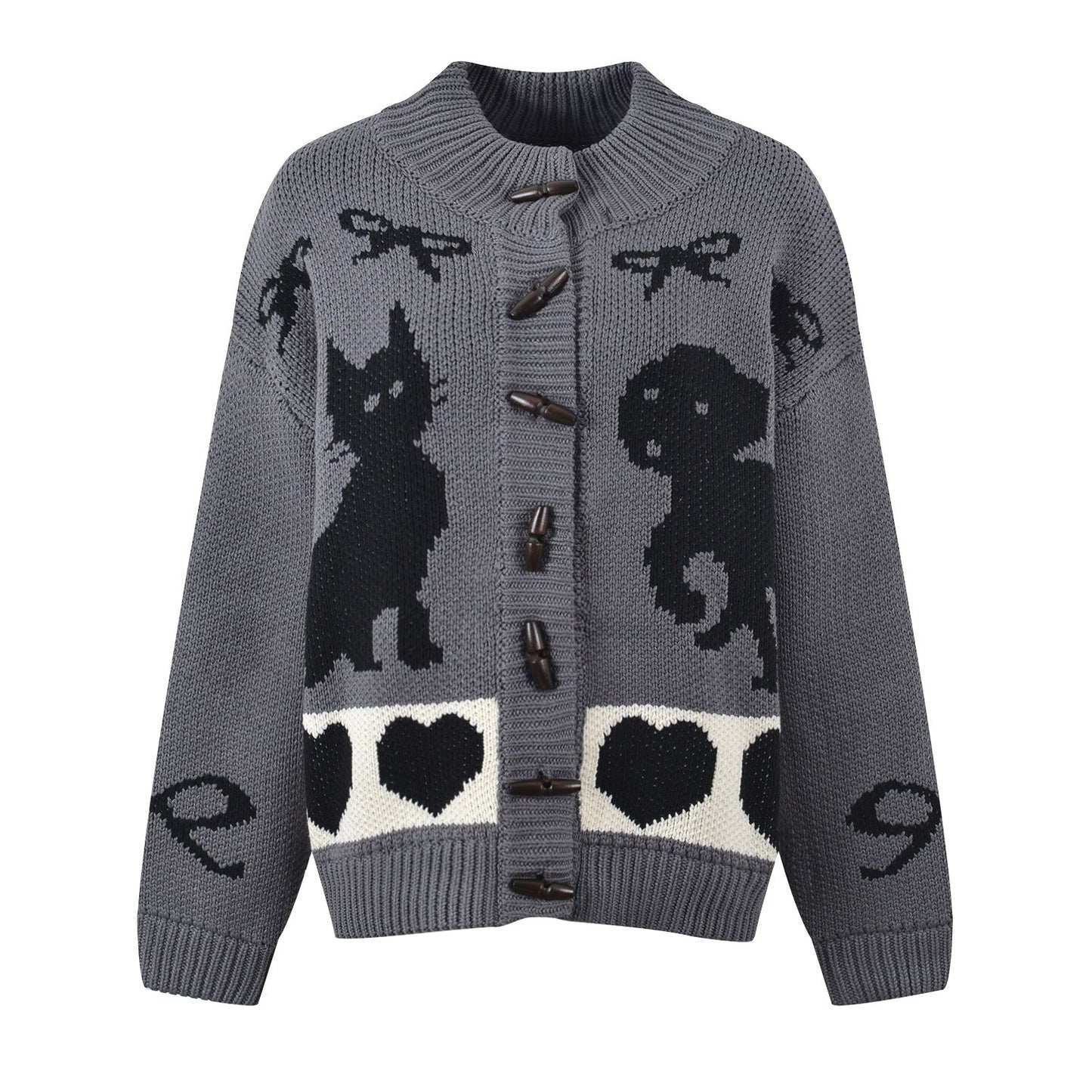 Dog love bow jacquard cow horn button knitted cardigan jacket fashionable and versatile niche top