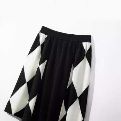 Women's half length skirt with elastic high waisted diamond checkerboard color matching A-line skirt short skirt