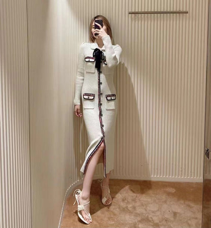 Pre-Fall New Lace-Up Crystal Breasted Lapel Long Sleeve Knit Long Slim Dress