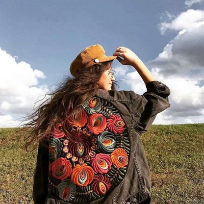 vintage floral embroidery denim jacket women cowboy long sleeve turn down collar casual denim coat streetwear outwear P904