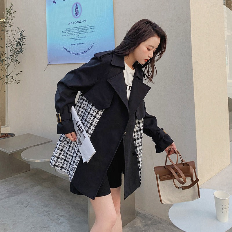 Plaid Trench For Women Notched Collar Long Sleeves Patchwork Belt Temperament Windbreaker Female