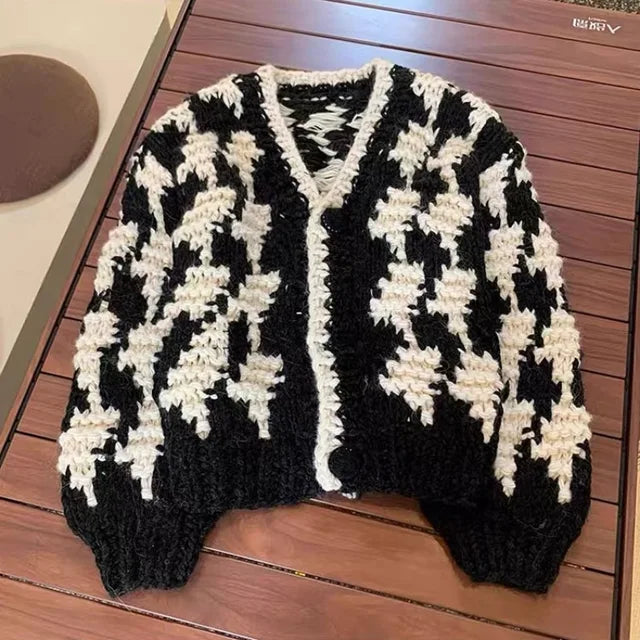 Black and white color blocked hand woven needlework jacket thick cardigan sweater