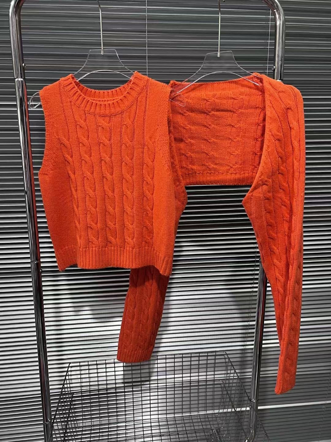 Fried Dough Twists knitting orange vest+two piece sweater