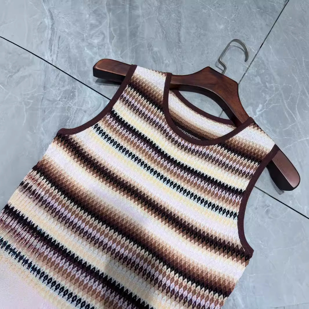 Striped sleeveless camisole waist-cinching figure-hugging high-elastic knitted dress