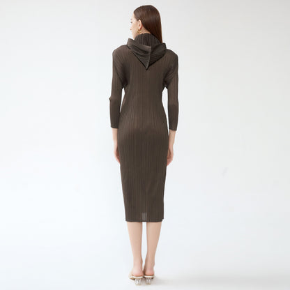 Spring new pleated a-line long skirt solid color long sleeve slim hooded dress winter female design