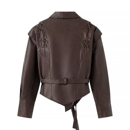 Clothing for women in winter, Maillard dresses with a waist up lapel, street trendy PU leather jacket