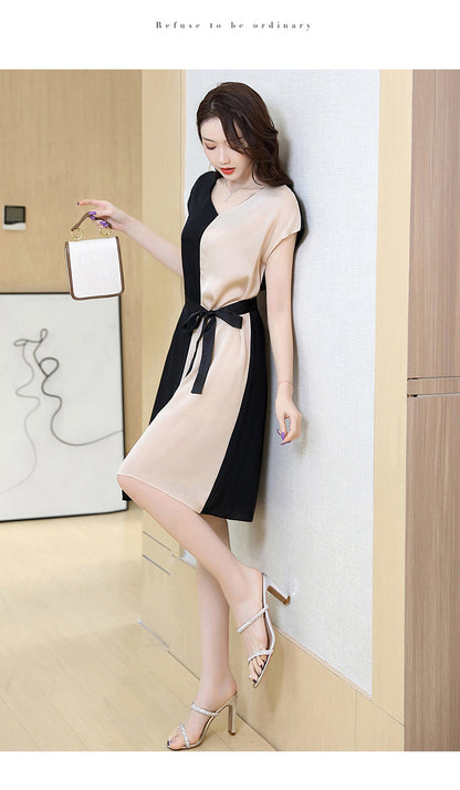 Contrast Color Dress For Women V-neck Short Sleeve Patchwork Casual Loose Vestido Robe Summer