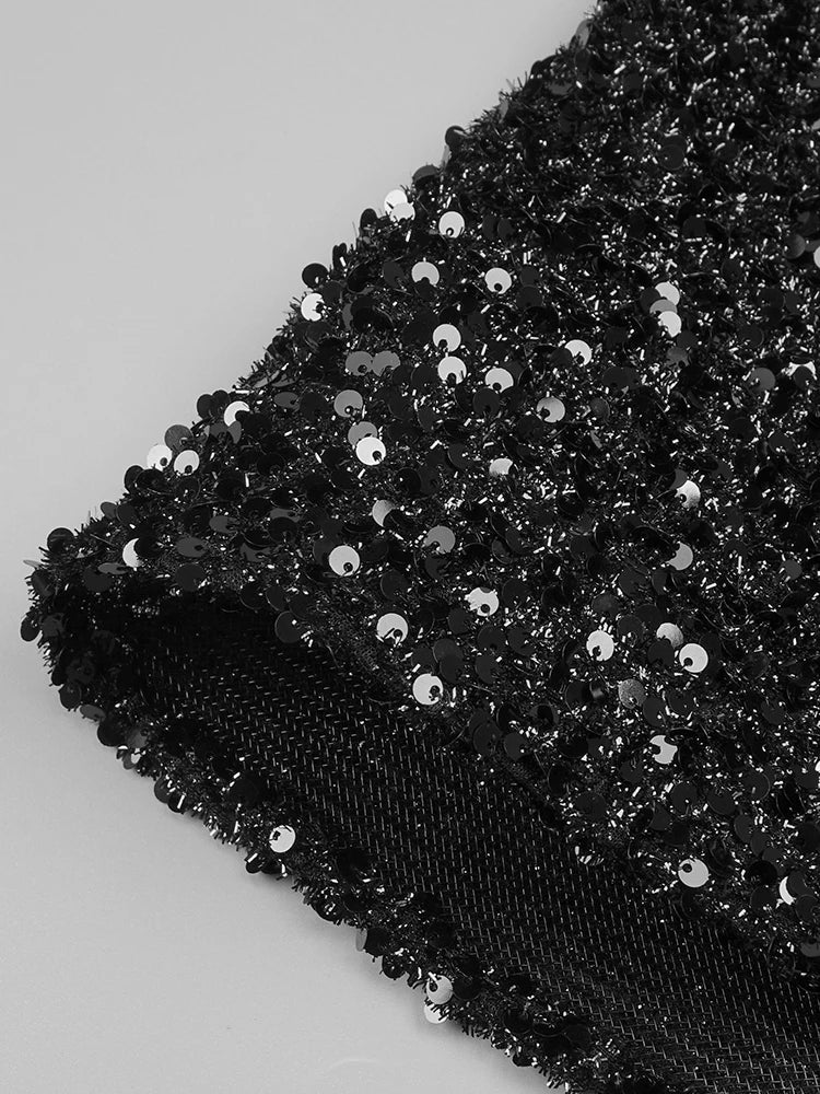 Flash Diamond Blade V-Neck Off Shoulder Black Sequin Dress