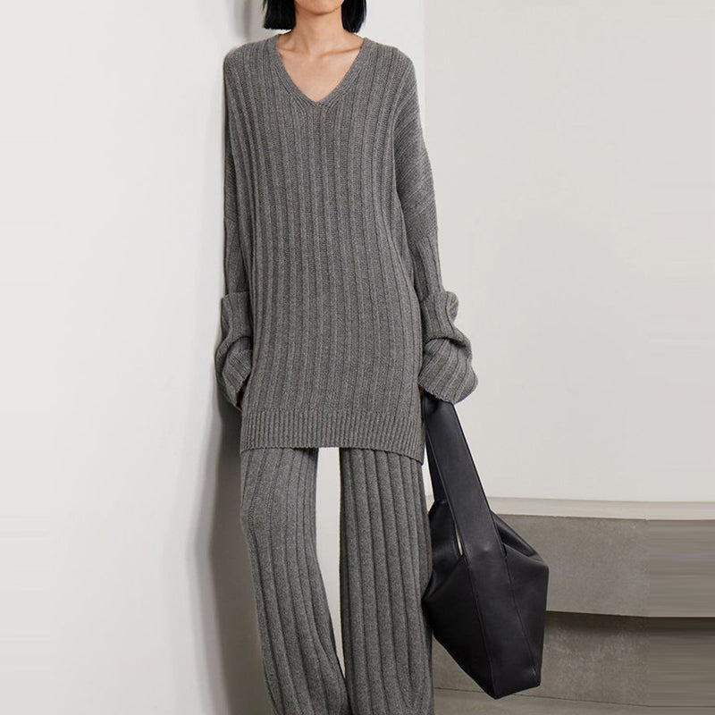 Loose V-neck Sweater + High-waisted Straight-leg Knitted Trousers Set