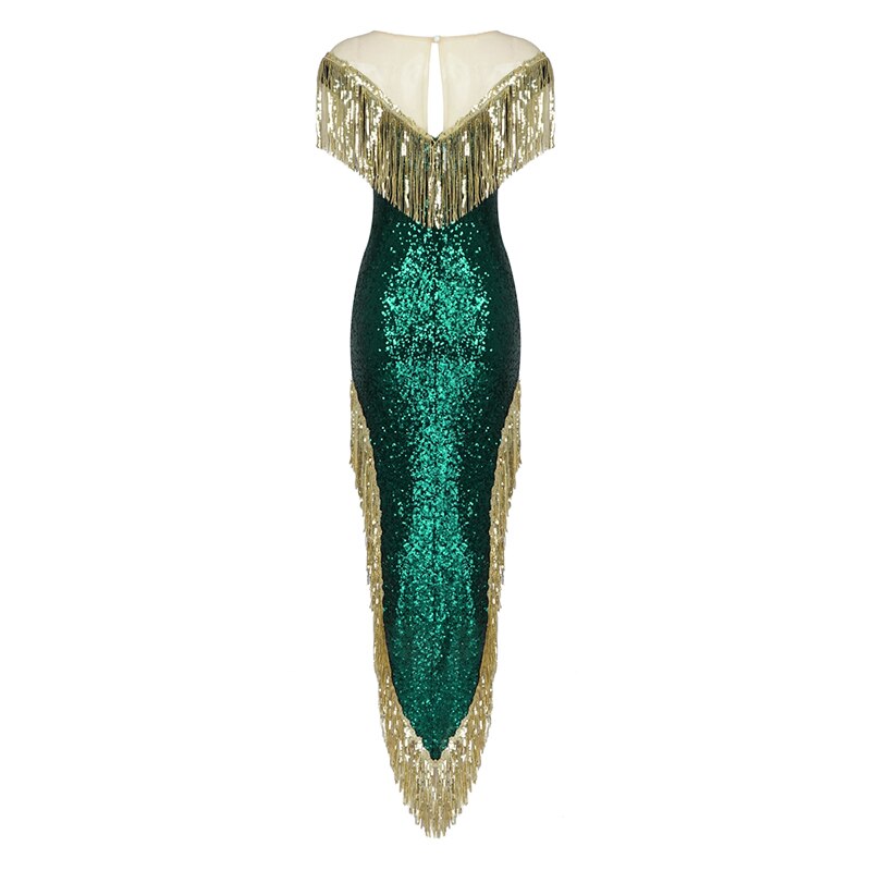 New Dark Green Sequin Temperament Tassel Long Skirt Evening Dress Party Slim Evening Dress