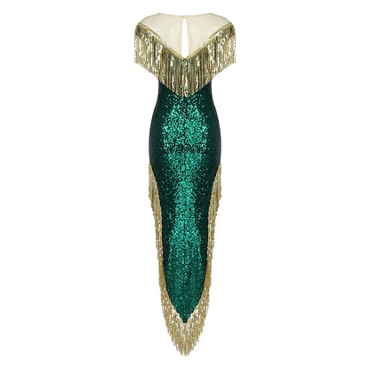 New Dark Green Sequin Temperament Tassel Long Skirt Evening Dress Party Slim Evening Dress