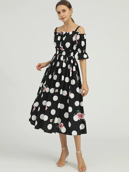 Tingfly New Spring Summer Fashion Polka Dot Print Slash Neck Party Dresses Elastic High Waist A Line Midi Long Elbise Frock