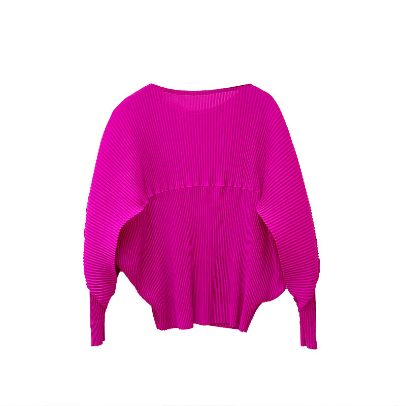 Fish scale pleated T-shirt autumn fashion pleated solid color design, slim fit and slimming, long sleeved top for women