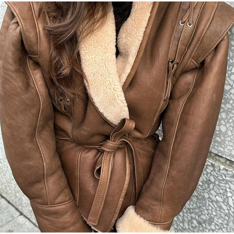 Winter Casual Chic Women Jackets Solid Turn-down Collar Belt Coats New Fashion Holiday Outwears