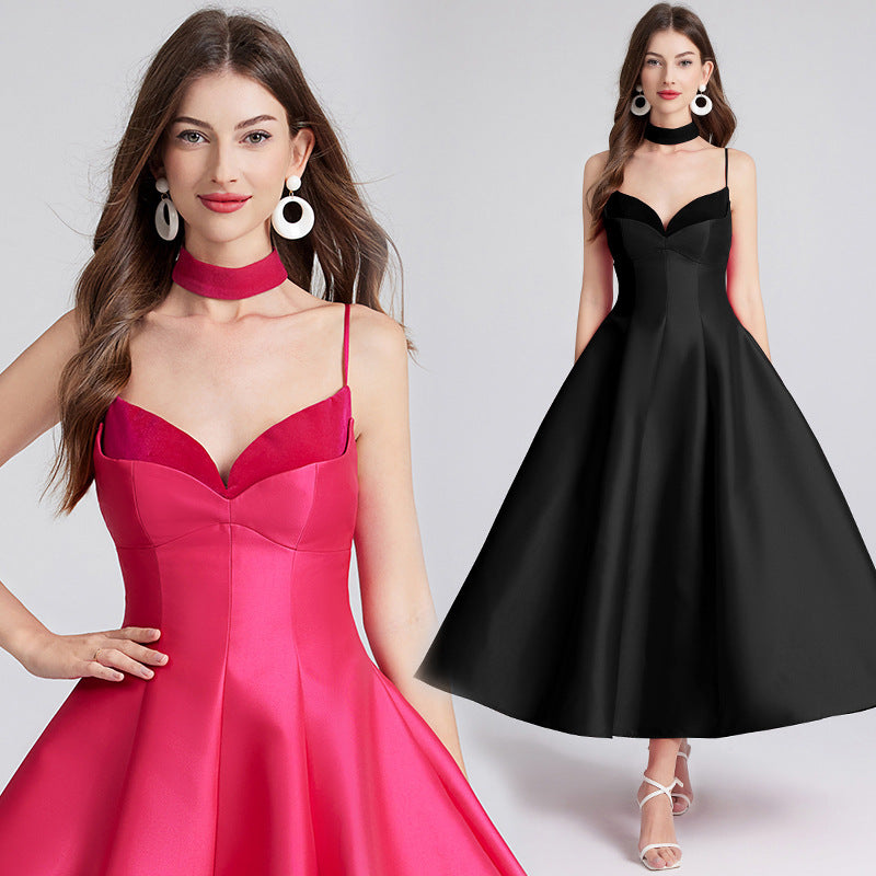 French retro socialite temperament Hepburn style sexy backless standing cut patchwork waist cinched V-neck suspender dress dress