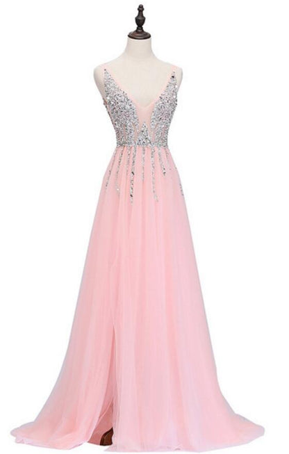 Sexy Side Split Prom Dresses  Deep V-Neck Backless Beads Crystal Party Gowns Sleeveless Sweep Train Cheap Tulle Party Dress