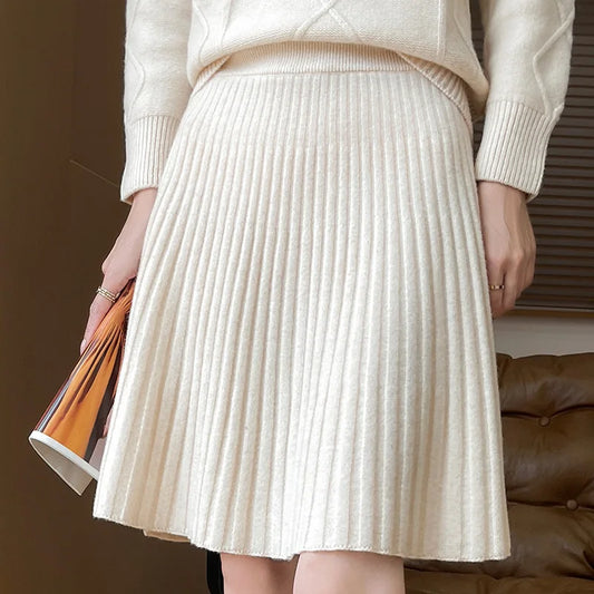 autumn and winter new high-end  pure wool women's skirt elegant pleated skirt fashionable loose knit skirt 5 colors