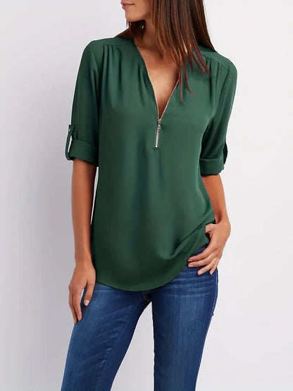 Ruched Half Zip Solid V Neck Casual Blouse, Rollable Sleeve Women's Clothing