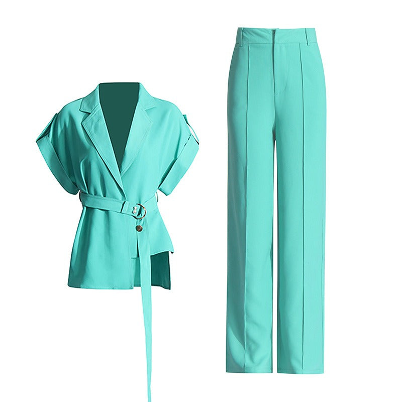 Elegant commuting V-neck tie up waist slimming top+high waisted wide leg pants fashion two-piece set