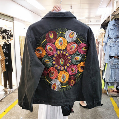 vintage floral embroidery denim jacket women cowboy long sleeve turn down collar casual denim coat streetwear outwear P904