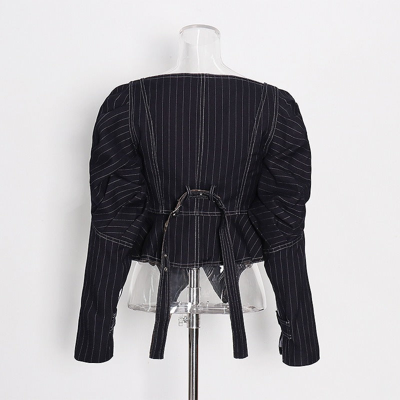 European and American style French retro jacket striped waist slimming versatile short jacket