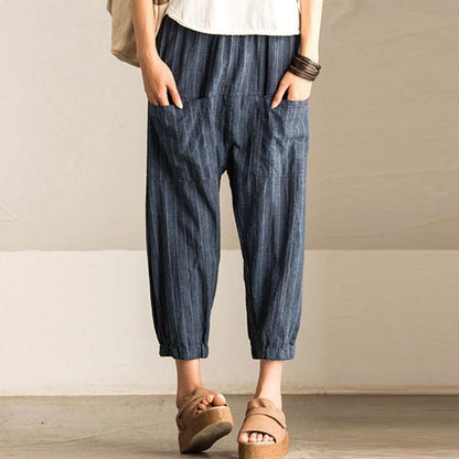 Women Casual Vintage High Elastic Waist Pockets Striped Baggy Harem Pants Turnip Trousers Work OL Wide Leg Pantalon