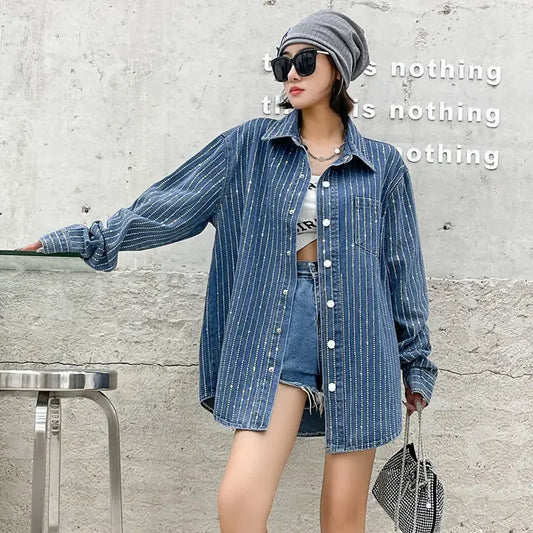 Women Crystal Striped Denim Shirt Coat Loose Long Sleeve Hot Drilling Diamonds Beaded Jeans Blouses Rhinestones Cardigan Tops