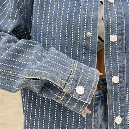 Women Crystal Striped Denim Shirt Coat Loose Long Sleeve Hot Drilling Diamonds Beaded Jeans Blouses Rhinestones Cardigan Tops