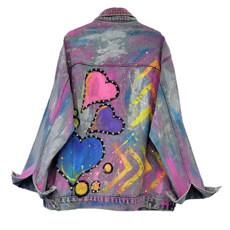 Women Denim Coat Colorful Heart Shaped Graffiti Hand Drawn Diamonds Single Breasted Jackets  Autumn New Fashion