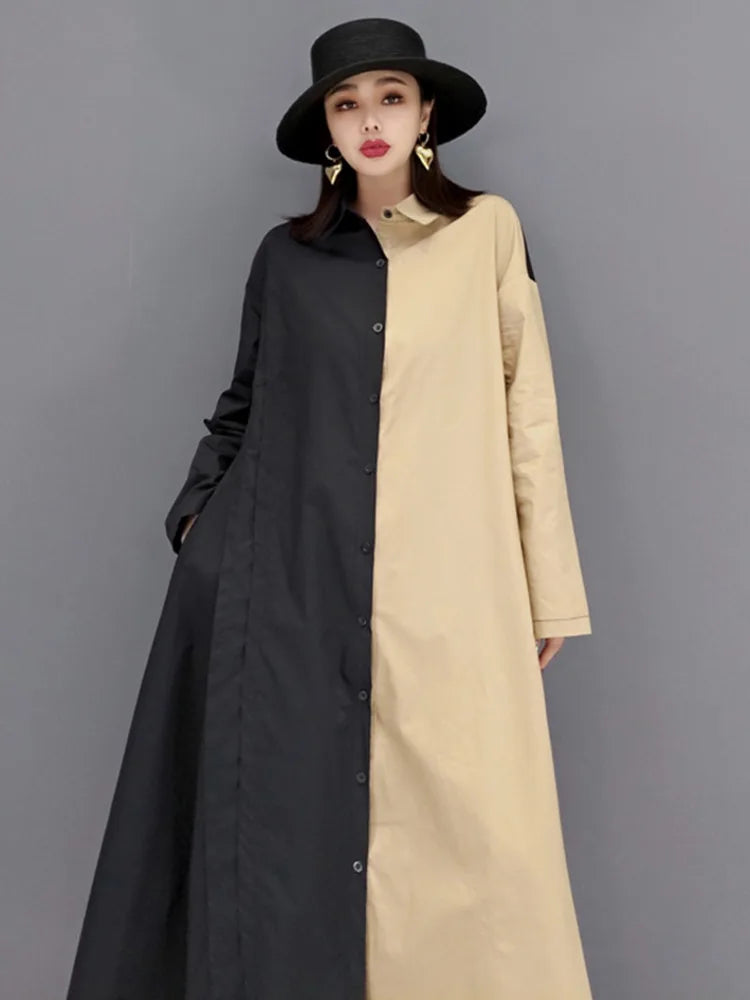 Contrast Color Shirt Dress For Women Fashion Patchwork Lapel Full Sleeve Loose A-line Vestido Autumn New