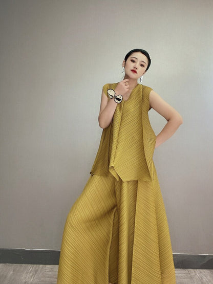 Pleated Elegant Fashion Two Piece Sets Summer Sleeveless Top Belt Wide Leg Harem Pants Korean Designer Women Clothes