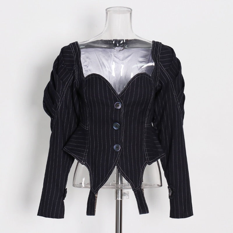 European and American style French retro jacket striped waist slimming versatile short jacket