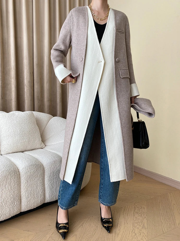 Gray Color-block With Scard Big Size Woolen Coat New V-neck Long Sleeve Women Jacket Fashion Autumn Winter