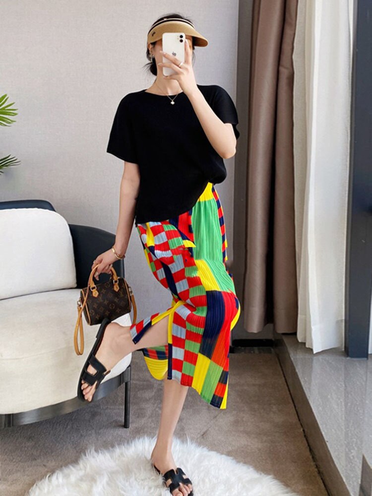 Women Pleated Skirt Color Block Plaid Print High Waist Elegant Hip Package Skirts Casual Style Summer Fashion