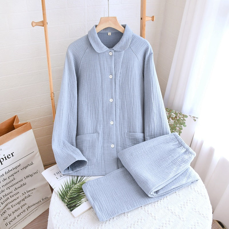 Women's sleepwear made of pure cotton with four layers of gauze, suitable for couples in spring, autumn, and winter. Men's casual plus size set