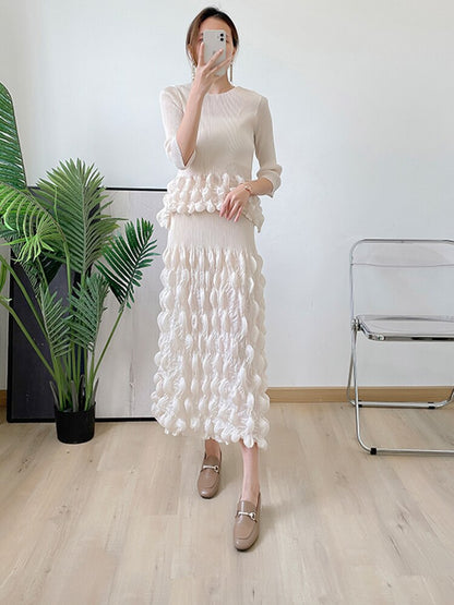 Spring And Summer New Pleated Bubble Suit Fashion Temperament Top Bubble Skirt Two-Piece For Women