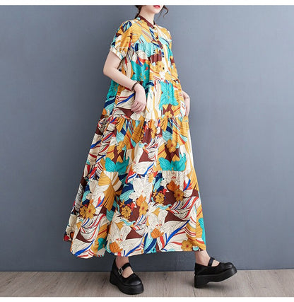 Oversized Floral Printed A-Line Rufles Dress Summer Woman Loose Casual Holiday Big Size Beach Cotton Korea Ladies Dresses