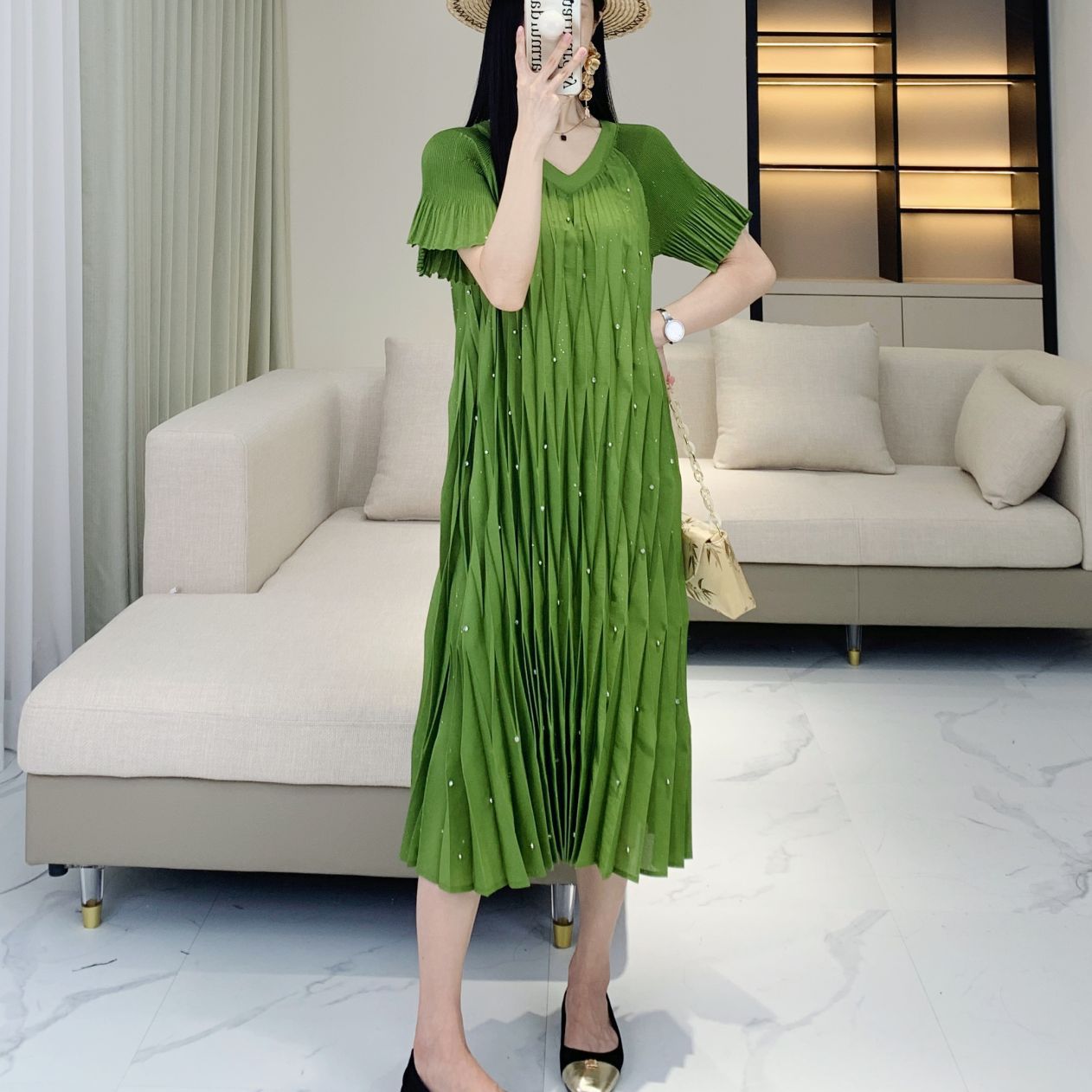 Summer new design sense, standing pleat nail bead high elasticity comfortable dress, women's age reducing casual dress