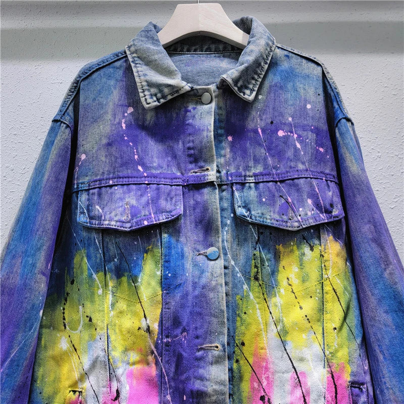 Hand drawn graffiti denim jacket women's colorful diamond studded pearl jacket