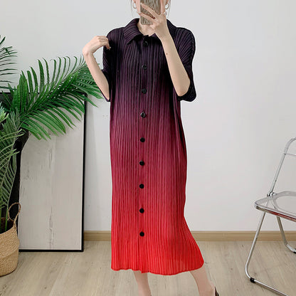 Gradient printed pleated lapel dress new stylish slim fit straight tube pleated long skirt for women