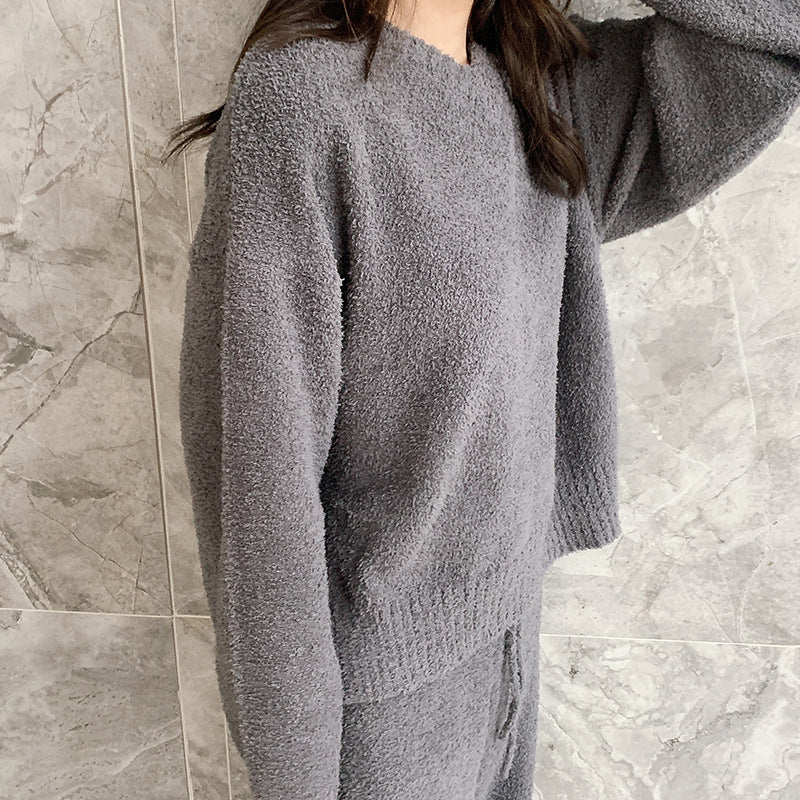 Home Ladies Autumn and Winter Half Fleece V-Neck Simple Pullover Solid Color Plush Warmth Clothes