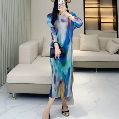 Wrinkled high-end dress for women's summer new print style, slimming and mid length skirt